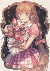 Rule 34 | 1girl, absurdres, black background, border, bouquet, bow, braid, brown eyes, brown hair, cowboy shot, dress, earrings, floral background, flower, gem, gloves, hair bow, highres, holding, holding bouquet, ienaga mugi, jewelry, long hair, looking at viewer, nijisanji, outside border, parted lips, peter pan collar, pink bow, pink dress, pink flower, pink tulip, plaid, plaid dress, puffy short sleeves, puffy sleeves, purple gemstone, short sleeves, smile, solo, suwada, tulip, twin braids, very long hair, virtual youtuber, white border, white gloves, wispy bangs