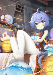 Rule 34 | 1girl, absurdres, aged down, ahoge, amiemie117, bare shoulders, blue hair, blush, chinese clothes, curtains, feet, ganyu (genshin impact), genshin impact, highres, horns, keqing (genshin impact), long hair, looking at viewer, orb, pantyhose, parted lips, purple eyes, qilin (mythology), red rope, rope, sidelocks, sitting, slime (genshin impact), soles, stuffed animal, stuffed toy, toes, white pantyhose, window