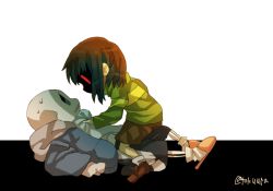 Rule 34 | 1boy, 1other, androgynous, barefoot, brown hair, brown shorts, chara (undertale), clothes grab, green shirt, heart, heart necklace, hood, hood down, hoodie, jacket grab, jewelry, necklace, red eyes, sans (undertale), shaded face, shirt, shorts, simple background, skeleton, subtitled, sweat, tokuura, undertale