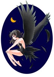 Rule 34 | 00s, 1girl, barefoot, black hair, black wings, feathers, moon, night, princess tutu, rue (princess tutu), sky, solo, wings