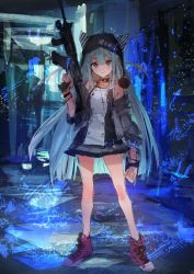 Rule 34 | &gt;:), 1girl, assault rifle, blue eyes, blue hair, borrowed character, collar, cross, finger on trigger, full body, gun, holding, holding gun, holding weapon, hood, lm7 (op-center), long hair, looking at viewer, matching hair/eyes, original, rifle, shoes, skirt, smile, solo, standing, v-shaped eyebrows, vertical forward grip, very long hair, weapon