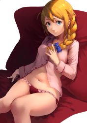 Rule 34 | 1girl, baba konomi, blue eyes, blue scrunchie, braid, braided ponytail, buttons, chair, eyelashes, frilled panties, frills, groin, hair between eyes, hair flaps, hair ornament, hair over shoulder, hair scrunchie, hand in own hair, highres, idolmaster, idolmaster million live!, knees together feet apart, legs together, lipstick, long hair, long sleeves, looking at viewer, makeup, navel, no pants, orange hair, pajamas, panties, partially unbuttoned, pink frills, pink pajamas, red panties, scrunchie, side-tie panties, sidelocks, single braid, sitting, smile, solo, thighs, underwear, yasaidon