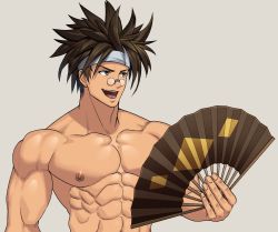 Rule 34 | 1boy, abs, arima (arima bn), bara, biceps, brown hair, glasses, grabbing, guilty gear, hand fan, headband, highres, long hair, looking to the side, male focus, manly, mature male, mito anji, muscular, muscular male, nipples, open mouth, pectorals, solo, spiked hair, teeth, tongue, topless male, upper body, yellow eyes