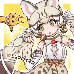 Rule 34 | 1girl, animal, animal ears, bow, bowtie, cat, cat ears, cat girl, cat tail, da (bobafett), extra ears, geoffroy&#039;s cat (kemono friends), green eyes, grey hair, kemono friends, kemono friends v project, long hair, microphone, open mouth, ribbon, shirt, simple background, skirt, suspenders, tail, twintails, virtual youtuber