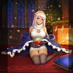 Rule 34 | 1girl, absurdres, bare shoulders, box, breasts, chimney, christmas, christmas ornaments, christmas tree, coat, commentary request, cuboon, dress, elbow gloves, elmina (evertale), evertale, fire, full body, gift, gift box, gloves, gold trim, hair ornament, head tilt, highres, holding, indoors, large breasts, long hair, looking at viewer, off shoulder, official art, parted lips, pink hair, pointy ears, pom pom (clothes), purple eyes, shiny skin, simple background, sitting, sleeveless, smile, solo, sweater, sweater dress, thighhighs, tiara, zettai ryouiki