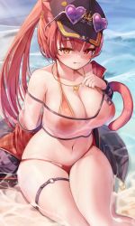 Rule 34 | 1girl, :q, absurdres, animal ears, bare shoulders, bikini, bikini under clothes, black headwear, breasts, bridal garter, cat ears, cat tail, crop top, deaver, heart, heart necklace, heterochromia, highres, hololive, houshou marine, houshou marine (summer), jewelry, kemonomimi mode, large breasts, looking at viewer, midriff, navel, necklace, o-ring, o-ring thigh strap, off-shoulder shirt, off shoulder, ponytail, red bikini, red eyes, red hair, see-through, shirt, short sleeves, sitting, solo, stomach, swimsuit, tail, thigh strap, tongue, tongue out, virtual youtuber, wet, wet clothes, wet shirt, white shirt, yellow eyes