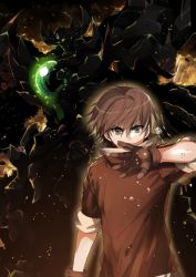 Rule 34 | 1boy, bad id, bad pixiv id, brown eyes, brown gloves, brown hair, covering own mouth, garimpeiro, gloves, glowing, glowing eyes, green eyes, hair between eyes, highres, looking at viewer, male focus, mecha, original, robot, silhouette, sky, v-shaped eyebrows, yellow sky