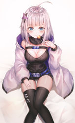 Rule 34 | 1girl, aa-12 (girls&#039; frontline), ahoge, bare shoulders, belt, black shorts, black sweater, black thighhighs, blue eyes, blush, breasts, buckle, caba (caba091), candy, cleavage, collarbone, detached collar, food, girls&#039; frontline, hair ornament, highres, holding, holding candy, holding food, holding lollipop, jacket, lollipop, long sleeves, looking at viewer, medium breasts, puffy sleeves, ribbed sweater, short hair, short shorts, shorts, silver hair, sitting, sleeveless, smile, snap-fit buckle, solo, star (symbol), star hair ornament, sweater, thighhighs, thighs, white background, white jacket