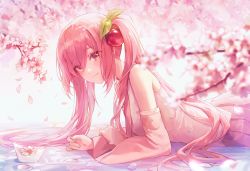 Rule 34 | 1girl, bare shoulders, berry, blouse, blue background, blurry, blush, branch, breasts, cherry, cherry blossoms, cherry hair ornament, closed mouth, dasha, detached sleeves, eyes visible through hair, fingernails, flower, food, food-themed hair ornament, fruit, gradient background, hair between eyes, hair ornament, hatsune miku, leaf, leaf hair ornament, long fingernails, long hair, long sleeves, looking at viewer, lying, medium breasts, nail polish, necktie, on stomach, petals, pink background, pink flower, pink hair, pink nails, pink necktie, pink shirt, pink skirt, pink theme, purple eyes, sakura miku, shirt, skirt, smile, solo, twintails, vocaloid, water, wide sleeves