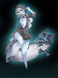 Rule 34 | 10s, 1girl, abyssal ship, cannon, glowing, glowing eyes, grin, highres, kantai collection, long sleeves, navel, pale skin, pink eyes, rathke, re-class battleship, scarf, short hair, silver hair, smile, solo, tail, turret, weapon