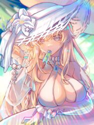 Rule 34 | 1girl, arm on table, bare shoulders, benghuai xueyuan, bikini, blonde hair, blue eyes, braid, breast rest, breasts, character request, check character, chromatic aberration, cleavage, collarbone, commentary, criss-cross halter, detached sleeves, food, food in mouth, frilled sleeves, frills, halterneck, hand on headwear, hat, highres, honkai (series), idun (benghuai xueyuan), kurokunry, large breasts, large hat, looking at viewer, popsicle, popsicle in mouth, solo, straw hat, swimsuit, symbol-only commentary, table, white bikini, white hat, white sleeves