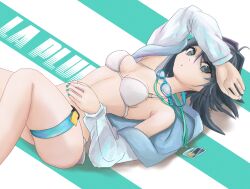 Rule 34 | 1girl, absurdres, aqua nails, arknights, arm up, bare shoulders, bikini, black eyes, black hair, commentary request, goggles, goggles around neck, highres, jacket, la pluma (arknights), la pluma (summer flowers) (arknights), lanyard, nail polish, navel, off shoulder, solo, stomach, superbeek4, swimsuit, thigh strap, thighs, white bikini, white jacket