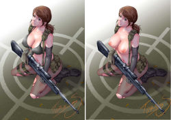 Rule 34 | 1girl, bikini, breasts, brown hair, cleavage, comparison, female focus, from above, grey eyes, gun, kneeling, konami, large breasts, looking at viewer, metal gear (series), metal gear solid v: the phantom pain, navel, nipples, pantyhose, parted lips, ponytail, quiet (metal gear), rifle, sitting, sniper rifle, solo, swimsuit, topless, torn s, weapon