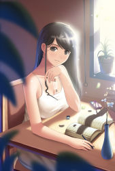 Rule 34 | 1girl, bare shoulders, black eyes, black hair, book, breasts, cctv008008, cellphone, chair, head rest, cleavage, copyright request, eraser, flower, glasses, large breasts, light, long hair, pencil, phone, plant, potted plant, sitting, solo, table, vase