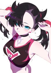 1girl black_choker black_hair black_sports_bra blue_eyes choker closed_mouth creatures_(company) earrings game_freak hair_ribbon highres jewelry long_hair looking_at_viewer marie_(pixiv59672544) marnie_(pokemon) midriff multicolored_sports_bra navel nintendo pink_ribbon pink_sports_bra pokemon pokemon_swsh ribbon simple_background solo sparkle sports_bra twintails undercut upper_body white_background