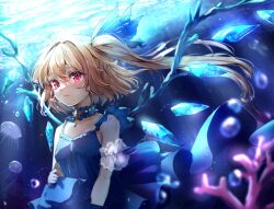 Rule 34 | 1girl, air bubble, alternate costume, animal, blonde hair, blue dress, blush, breasts, bubble, closed mouth, crystal, dress, flandre scarlet, jellyfish, long hair, one side up, red eyes, shironeko yuuki, small breasts, solo, tears, touhou, underwater, upper body, wings