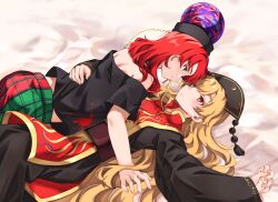 Rule 34 | 2girls, bare shoulders, bed sheet, black dress, black shirt, blonde hair, blush, chain, chinese clothes, closed mouth, dress, eye contact, girl on top, gold chain, hair between eyes, hat, hecatia lapislazuli, highres, junko (touhou), long hair, long sleeves, looking at another, lying, lying on person, multicolored clothes, multicolored skirt, multiple girls, neold, off-shoulder shirt, off shoulder, on back, red eyes, red hair, red tabard, shirt, skirt, smile, t-shirt, tabard, touhou, underworld (ornament), very long hair, wide sleeves, yuri