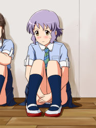 Rule 34 | 2girls, angry, blue shirt, blue skirt, blue socks, blush, breast pocket, brown hair, check commentary, checkered necktie, collar, commentary request, covering privates, covering crotch, dot nose, extra, green necktie, idolmaster, idolmaster million live!, legs, lielos, looking at viewer, makabe mizuki, multiple girls, necktie, on floor, out of frame, panties, pocket, purple hair, school uniform, shirt, shoes, short hair, short sleeves, sidelocks, sitting, skirt, socks, sweat, thighs, underwear, uwabaki, v-shaped eyebrows, wall, wavy hair, wavy mouth, white collar, white footwear, white panties, wing collar, wooden floor, yellow eyes