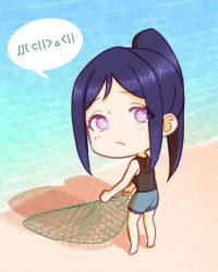 Rule 34 | 1girl, artist name, artist request, bare legs, barefoot, beach, black shirt, blue hair, blue pants, blue shorts, blush, chibi, crying, crying with eyes open, feet, female focus, from behind, full body, hair between eyes, high ponytail, holding, long hair, looking at viewer, looking back, love live!, love live! sunshine!!, matsuura kanan, ocean, outdoors, pants, parted lips, ponytail, purple eyes, shirt, shorts, smile, solo, standing, tears