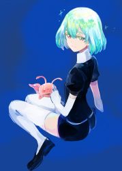 Rule 34 | 1other, amputee, androgynous, ass, black footwear, black shirt, black shorts, blue background, bob cut, brown eyes, closed mouth, creature, diamond (houseki no kuni), elbow gloves, gloves, green hair, hair between eyes, highres, houseki no kuni, light smile, loafers, looking at viewer, looking back, musshu (omu001), puffy short sleeves, puffy sleeves, shirt, shoes, short hair, short shorts, short sleeves, shorts, sitting, smile, thick eyebrows, thighhighs, ventricosus, white gloves, white legwear