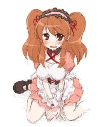 Rule 34 | 00s, 1girl, :o, alternate costume, apron, asahina mikuru, corset, enmaided, frown, kamoi hayato, looking at viewer, maid, maid apron, maid headdress, official alternate hairstyle, open mouth, orange hair, puffy short sleeves, puffy sleeves, red eyes, short sleeves, simple background, solo, suzumiya haruhi no yuuutsu, underbust, wavy mouth, weapon, white background