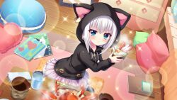 Rule 34 | 1girl, :t, animal hood, bed, bedroom, black hoodie, black pantyhose, blue eyes, book, bowl, cat hood, chopsticks, collarbone, crab, cup, dot nose, drawer, drinking glass, film grain, food, from above, game cg, heart, heart-shaped pillow, holding, holding bowl, hood, hoodie, indoors, izumi tsubasu, lens flare, looking at viewer, macaron-shaped pillow, nishidate haku, no shoes, non-web source, official art, on floor, on pillow, pantyhose, pillow, pink skirt, pout, re:stage!, rug, short hair, sidelocks, skirt, solo, sparkle, star (symbol), star print, water, white hair, wooden floor