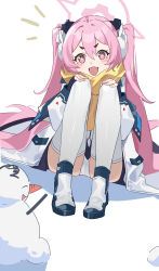 Rule 34 | 1girl, absurdres, blue archive, closed eyes, hair between eyes, halo, highres, jacket, koyuki (blue archive), long hair, open mouth, panties, pink hair, pink halo, simple background, snowman, solo, thighhighs, two-sided fabric, two-sided jacket, underwear, white background, white panties, white thighhighs, xiu kukkii