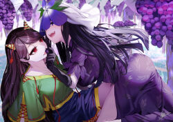 Rule 34 | 2girls, black gloves, black hair, blue shorts, blush, breasts, china dress, chinese clothes, collarbone, commentary request, dress, flower, flower on head, food, fruit, gloves, grapes, green shirt, highres, holding, holding food, holding fruit, horns, ishikawa sparerib, large breasts, long hair, multiple girls, nippaku zanmu, oni horns, open mouth, purple dress, purple eyes, purple flower, red eyes, shirt, short sleeves, shorts, signature, small breasts, smile, touhou, twitter username, yellow horns, yomotsu hisami, yuri