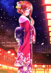 Rule 34 | 10s, 1girl, 3:, alternate costume, architecture, blush, cherry blossoms, east asian architecture, embarrassed, floral print, flower, from behind, hair flower, hair ornament, hair up, highres, japanese clothes, kimono, love live!, love live! school idol festival, love live! school idol project, night, night sky, nishikino maki, playing with own hair, purple eyes, red hair, revision, short hair, sky, solo, standing, swordsouls
