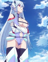Rule 34 | 1girl, :o, anime screenshot, aqua hair, armor, bare shoulders, boots, breasts, chidorigafuchi aine, cleavage, cleavage cutout, clothing cutout, cloud, cowboy shot, day, faulds, fingerless gloves, gloves, glowing, greaves, groin, hair between eyes, halterneck, headgear, highleg, highleg leotard, highres, large breasts, leotard, long hair, looking to the side, masou gakuen hxh, navel, navel cutout, neon trim, outdoors, parted lips, pink eyes, profile, red eyes, screencap, sidelocks, silver hair, sky, solo, standing, thigh boots, thighhighs, turtleneck, vambraces, very long hair