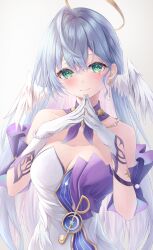 Rule 34 | 1girl, absurdres, asymmetrical gloves, bare shoulders, blue hair, bracelet, breasts, choker, cleavage, closed mouth, commentary, detached sleeves, dress, earrings, gloves, green eyes, grey background, hair between eyes, halo, head wings, highres, honkai: star rail, honkai (series), jewelry, long hair, looking at viewer, mizuasagi35181, own hands together, purple choker, robin (honkai: star rail), short sleeves, simple background, smile, solo, uneven gloves, upper body, very long hair, white background, white dress, white gloves, wings