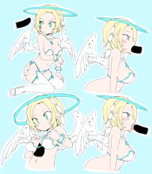 Rule 34 | 1girl, angel, angel wings, blonde hair, blue background, blush, breasts, disembodied penis, fellatio, frfr, green eyes, halo, highres, medium breasts, open mouth, oral, original, paizuri, penis, pointy ears, profile, simple background, sitting, thighhighs, toeless legwear, tongue, tongue out, wings