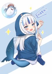 Rule 34 | 1girl, ^^^, animal hood, bloop (gawr gura), blue background, blue eyes, blue hoodie, blue nails, blunt bangs, blush, claw pose, commentary, english commentary, english text, fangs, fins, fish tail, gawr gura, gawr gura (1st costume), highres, hololive, hololive english, hood, hoodie, long hair, looking at viewer, looking back, mixed-language commentary, nail polish, open mouth, shark hood, shark tail, sharp teeth, silver hair, simple background, smile, sparkle, tail, teeth, two-tone background, virtual youtuber, weizen, white background