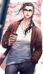 Rule 34 | 1boy, absurdres, artist name, aviator sunglasses, beard stubble, black hair, brown jacket, cherry blossoms, coffee cup, collarbone, collared jacket, cup, denim, disposable cup, earrings, facial hair, facing viewer, forked eyebrows, highres, holding, holding cup, holostars, holostars english, jacket, jeans, jewelry, josuiji shinri, long hair, looking at viewer, loose hair strand, male focus, necklace, open mouth, pants, ponytail, potamikouu, shirt, solo, striped clothes, striped jacket, stubble, sunglasses, teeth, tree, upper teeth only, v-neck, vertical-striped clothes, vertical-striped jacket, virtual youtuber, white shirt