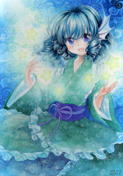 Rule 34 | 1girl, blue eyes, blue hair, fins, head fins, highres, japanese clothes, kimono, long sleeves, looking at viewer, matching hair/eyes, mermaid, monster girl, mosho, obi, open mouth, painting (medium), sash, smile, solo, star (symbol), touhou, traditional media, wakasagihime, watercolor (medium), wide sleeves
