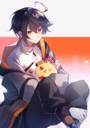 Rule 34 | 1boy, 1other, absurdres, ahoge, black hair, black pants, clock over orquesta, crown, grey jacket, highres, holding, holding stuffed toy, hood, hood down, jacket, long sleeves, looking at viewer, male focus, mitk game, multicolored background, multicolored clothes, multicolored jacket, orange background, orange eyes, orange jacket, pants, rei (clock over orquesta), shirt, solo, stuffed animal, stuffed toy, teddy bear, tokito ichiya, turtleneck, white background, white shirt