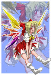 Rule 34 | 1girl, alternate hairstyle, blonde hair, boots, bow, cirno, cirno (cosplay), cosplay, fang, flandre scarlet, hair bow, highres, izuna nie, md5 mismatch, open mouth, ponytail, red eyes, short hair, smile, solo, embodiment of scarlet devil, touhou, wings, zoom layer