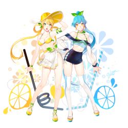 Rule 34 | 2girls, apron, bikini, blonde hair, blue hair, boots, bracelet, breasts, cleavage, contrapposto, drinking straw, earrings, food, fruit, green eyes, hair ornament, hair rings, hand on own hip, hat, highres, iso1206, jewelry, leaf hair ornament, lemon, long hair, multiple girls, open mouth, original, ponytail, sandals, see-through, smile, standing, swimsuit, thigh boots, thighhighs, toeless legwear, toes, twintails, white footwear, yellow eyes