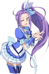Rule 34 | 10s, 1girl, blue skirt, boots, brooch, choker, cure beat, dress, frills, hair ornament, heart, jewelry, kurokawa eren, long hair, magical girl, nanashishi, one eye closed, open mouth, precure, purple hair, ribbon, seiren (suite precure), side ponytail, skirt, smile, solo, suite precure, thigh boots, thighhighs, wink, yellow eyes