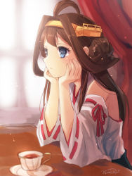 Rule 34 | 10s, 1girl, ahoge, bad id, bad pixiv id, blue eyes, brown hair, cup, detached sleeves, hair bun, hair ornament, hairband, hands on own cheeks, hands on own face, head rest, headrest, kantai collection, kongou (kancolle), looking away, nontraditional miko, nunucco, ribbon-trimmed sleeves, ribbon trim, signature, single hair bun, sketch, solo, teacup