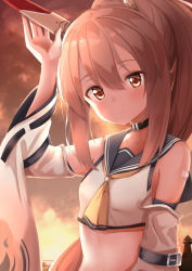 Rule 34 | 1girl, ame., arm up, ayanami (azur lane), azur lane, black choker, blue sailor collar, blush, breasts, choker, closed mouth, cloud, collarbone, commentary request, detached sleeves, hair between eyes, head tilt, headgear, high ponytail, highres, horizon, light brown hair, lighthouse, long hair, long sleeves, navel, ocean, outdoors, ponytail, red eyes, ribbon-trimmed sleeves, ribbon trim, sailor collar, school uniform, serafuku, shirt, sky, sleeveless, sleeveless shirt, small breasts, smile, solo, upper body, very long hair, water, white shirt, wide sleeves, yellow neckwear