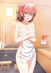Rule 34 | 1girl, bathroom, breasts, collarbone, covering breasts, covering privates, cowboy shot, dated, hair bun, indoors, large breasts, looking at viewer, medium hair, mirror, naked towel, nude cover, open mouth, red eyes, red hair, sakayaya, signature, single hair bun, single side bun, solo, towel, yahari ore no seishun lovecome wa machigatteiru., yuigahama yui