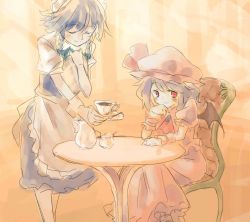 Rule 34 | 2girls, apron, ascot, azuki (azuki-taste), bat wings, blue hair, blush, bow, brooch, chair, cup, dress, closed eyes, hair bow, hand on own face, hat, hat ribbon, highres, izayoi sakuya, jewelry, looking at viewer, maid apron, maid headdress, mob cap, multiple girls, puffy sleeves, red eyes, remilia scarlet, ribbon, short hair, sitting, smile, spoon, table, tea, teacup, teapot, touhou, wings