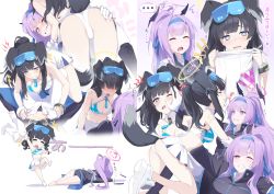 Rule 34 | ..., 2girls, all fours, animal ears, ass, ass grab, black gloves, black panties, blue archive, blush, breasts, cheerleader, clenched teeth, crop top, dog ears, dog girl, dog tail, eyewear on head, gloves, goggles, goggles on head, halo, headgear, hibiki (blue archive), hibiki (cheer squad) (blue archive), jacket, long hair, long sleeves, looking at another, lying, medium breasts, millennium cheerleader outfit (blue archive), multiple girls, natsume yochiki, official alternate costume, open mouth, panties, pants, pulling another&#039;s clothes, purple eyes, purple hair, skirt, smile, star sticker, sticker on face, sweatdrop, tail, teeth, translation request, underwear, undressing, unworn pants, unworn skirt, utaha (blue archive), utaha (cheer squad) (blue archive), very long hair, white panties, white skirt