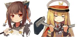 Rule 34 | 2girls, anchor hair ornament, blonde hair, blunt bangs, blush, bob cut, breaking, brown hair, buttons, closed eyes, closed mouth, commentary request, deutschland (warship girls r), double-breasted, dress shirt, grey jacket, hair ornament, hat, headwear request, highres, holding, jacket, lino-lin, long hair, looking at viewer, military, military hat, military jacket, military uniform, mop, multiple girls, peaked cap, portrait, red eyes, red ribbon, ribbon, riding crop, ryuujou (warship girls r), shirt, short hair, simple background, sketch, smile, tears, unfinished, uniform, warship girls r, white background, white hat, white jacket, white shirt
