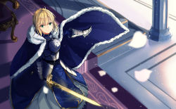 Rule 34 | 1girl, ahoge, armor, armored dress, artoria pendragon (all), artoria pendragon (fate), bad id, bad pixiv id, blonde hair, blue cloak, blue dress, blurry, blurry background, breastplate, carpet, chair, cloak, closed mouth, commentary, day, depth of field, dress, excalibur (fate/stay night), falling petals, fate/stay night, fate (series), faulds, from above, fur-trimmed cloak, fur trim, gauntlets, glowing, glowing sword, glowing weapon, green eyes, hair between eyes, highres, holding, holding sword, holding weapon, indoors, light particles, light smile, long dress, long sleeves, looking at viewer, looking up, outstretched arm, petals, pillar, saber (fate), saka (akurisoh), short hair, solo, stairs, standing, sunlight, sword, throne, throne room, weapon, wind