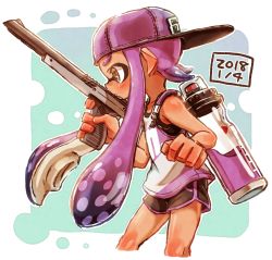 Rule 34 | 1girl, backwards hat, bad id, bad twitter id, baseball cap, black shorts, blunt bangs, brown eyes, commentary request, cropped legs, dated, dolphin shorts, from side, gym shorts, harutarou (orion 3boshi), hat, highres, holding, holding weapon, ink tank (splatoon), inkling, inkling girl, inkling player character, long hair, n-zap (splatoon), nintendo, pointy ears, purple hair, purple hat, purple shirt, shirt, short shorts, shorts, solo, splatoon (series), splatoon 2, standing, tan, tank top, tentacle hair, weapon
