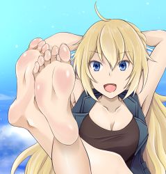 Rule 34 | 1girl, ahoge, arms behind head, barefoot, blonde hair, blue eyes, breasts, cleavage, eagle (girly air force), feet, girly air force, highres, legs up, long hair, looking at viewer, open mouth, soles, toes