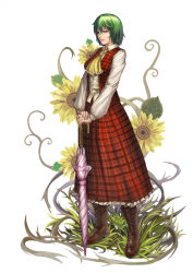 Rule 34 | 1girl, ascot, bad id, bad pixiv id, boots, closed umbrella, cross-laced footwear, female focus, floral background, flower, full body, grass, green hair, hands on hilt, highres, kazami yuuka, lace-up boots, lieqi hun, lips, plaid, plaid skirt, plaid vest, planted, planted umbrella, realistic, red eyes, short hair, simple background, skirt, skirt set, solo, standing, sunflower, touhou, umbrella, vest
