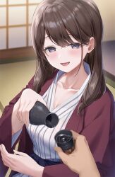Rule 34 | 1girl, alcohol, blue eyes, blush, bottle, brown hair, collarbone, cup, hair between eyes, holding, holding bottle, holding cup, indoors, japanese clothes, kimono, long hair, looking at viewer, masuishi kinoto, open mouth, original, pouring, pov, pov hands, sake, smile, solo focus, striped clothes, striped kimono, vertical-striped clothes, vertical-striped kimono, wide sleeves, yukata
